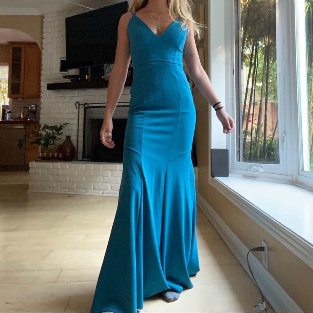 Long teal blue dress with back cross